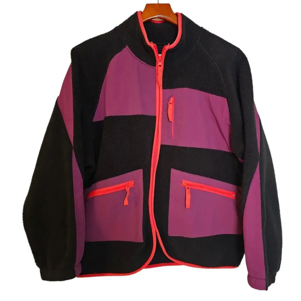 BDG Urban Outfitters Bruce Fleece Spliced Zip Up Jacket in Black/Plum/Orange